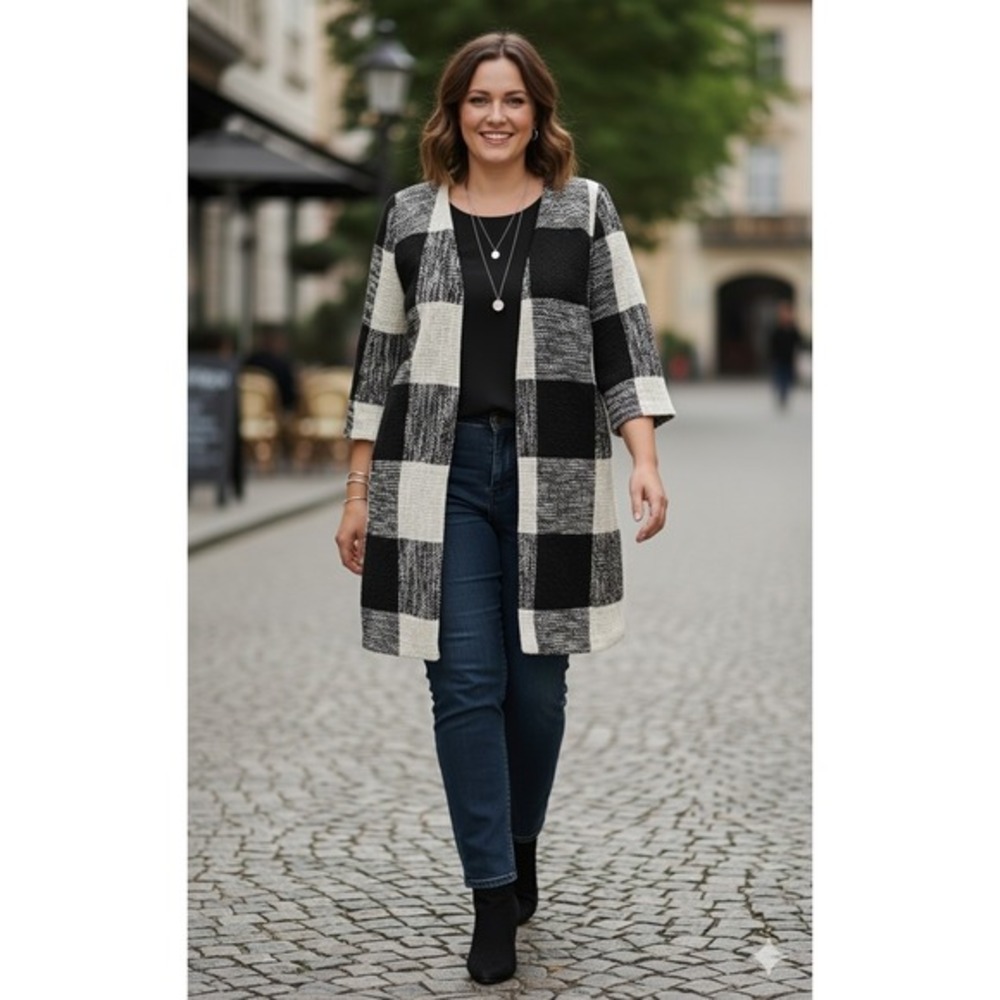 Appleseed's‎ Open Front Cardigan Coat Women 12 Black White Buffalo Check Tweed